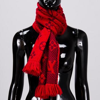 LOUIS VUITTON RED MONOGRAM WOOL SCARF.