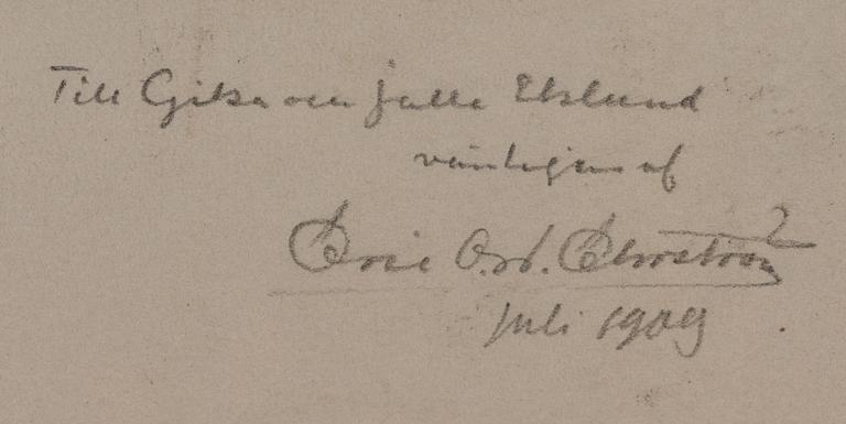 ERIC O. W. EHRSTRÖM, etsaus, signeerattu ja päivätty 1909, omistuskirjoitus.