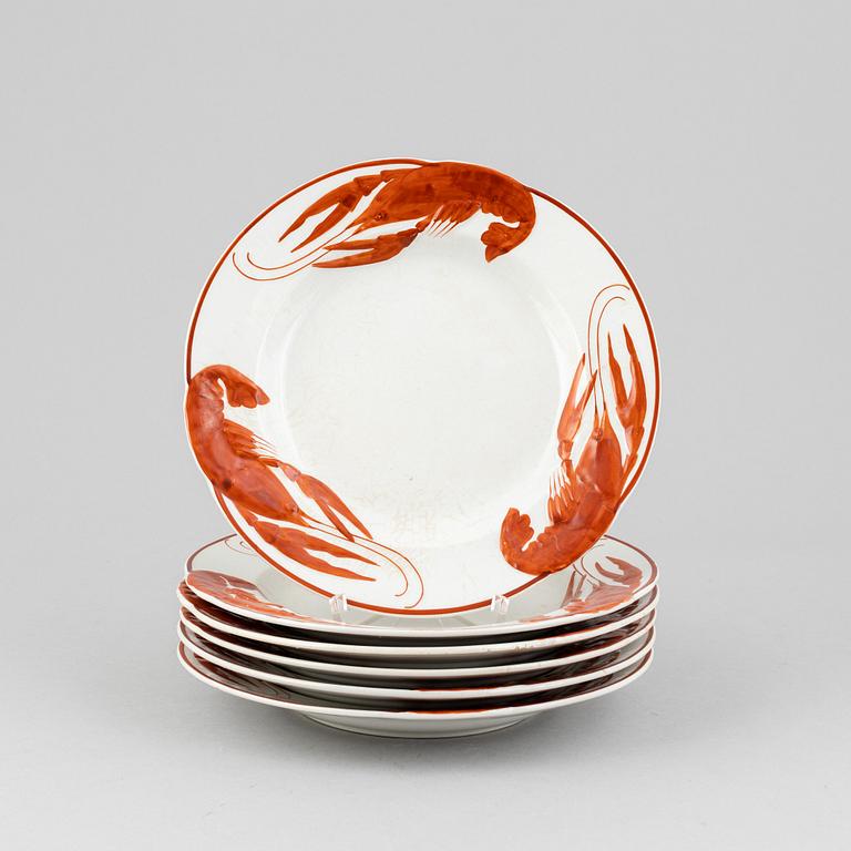 Alf Wallander, kräftassietter, 6 st, flintgods, Rörstrand, tidigt 1900-tal.