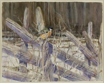 Jonas Nilsson, Winter Scene with Great Tit on a Fence.
