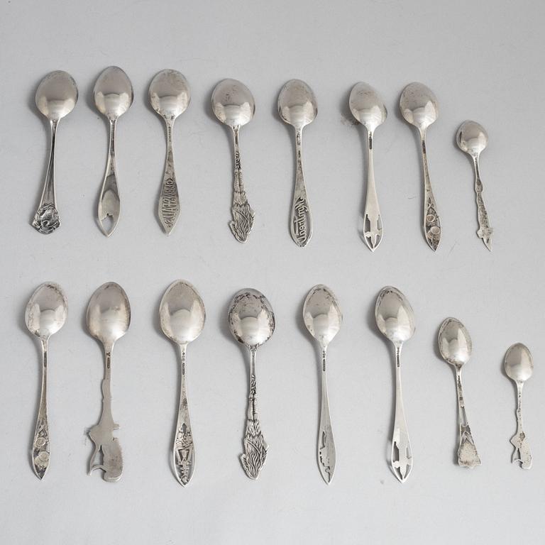 Souvenir spoons, 16 pcs, sterling silver, North America, circa first half/mid 20th Century.