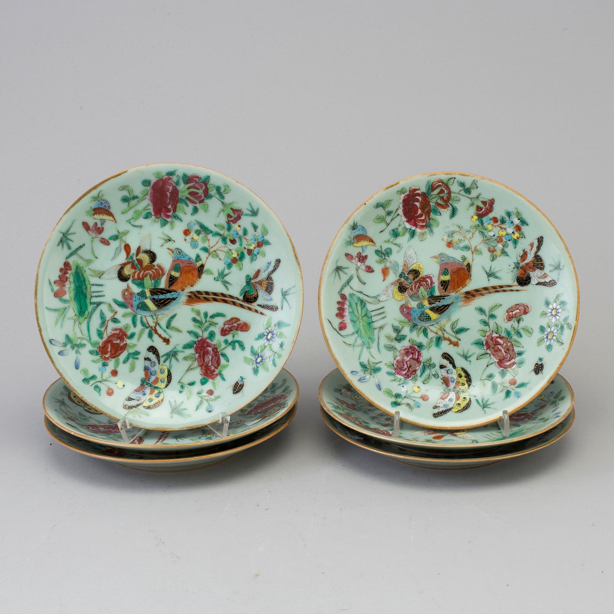 Six Chinese Canton famille rose celadon glazed dishes, Qing dynasty, late 19th century.