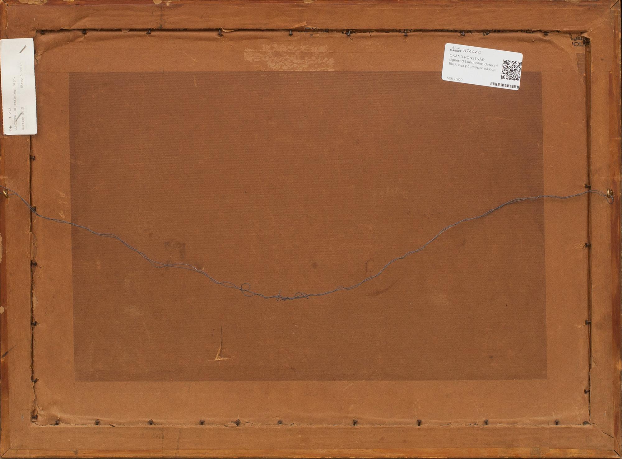 OKÄND KONSTNÄR, signerad Lundbohm daterad 1887, olja på papper på duk.