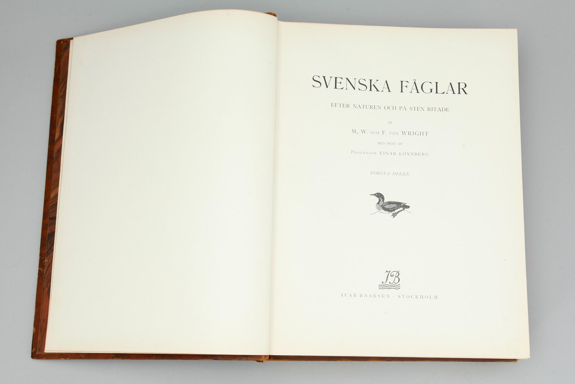 BOK, 3 vol. "Svenska Fåglar", M,W & F von Wright. Stockholm, 1924 och 1929.
