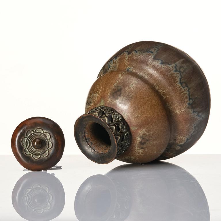 Patrick Nordström, attributed to, a stoneware urn with lid and mouth of patinated bronze, Royal Copenhagen, Denmark circa 1900.