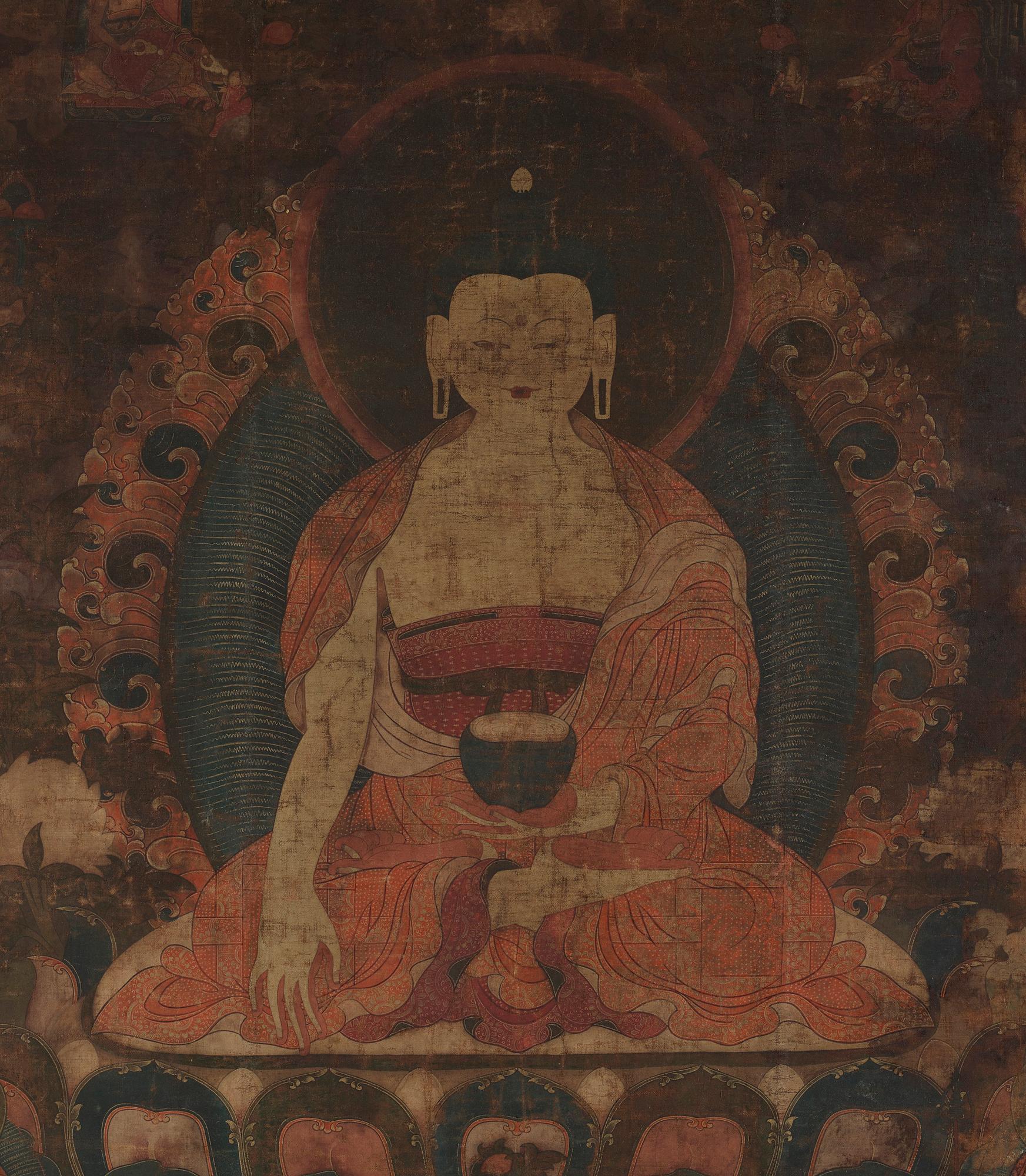 A Tibetan thangka of Shakyamuni Buddha with the eighteen  arhats, 18th century.