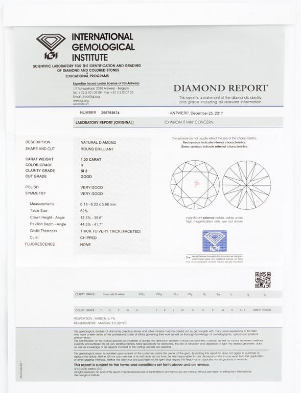 An 18K white gold necklace with a brilliant-cut diamond ca. 1.00 ct. With IGI certificate.