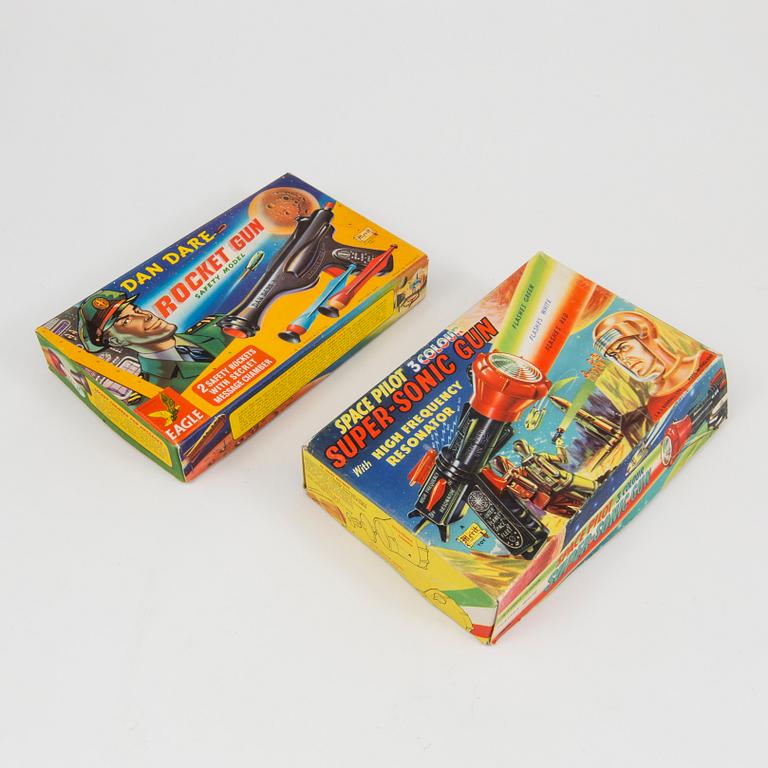 A "Super Sonic Gun" and "Dan Dare Rocket Gun" by Merit Toys, England, 1950s.
