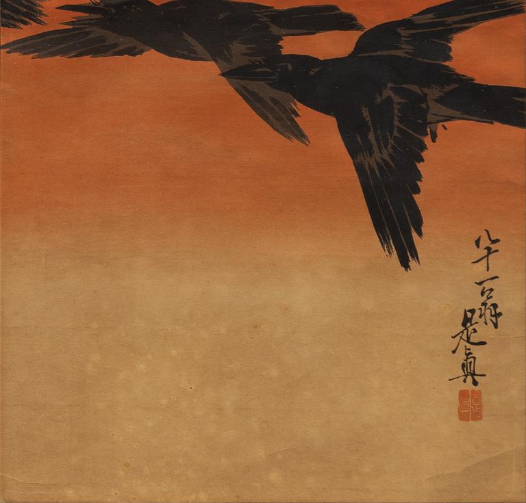 Shibata Zeshin, after, 'Three Crows Flying at Sunset'.