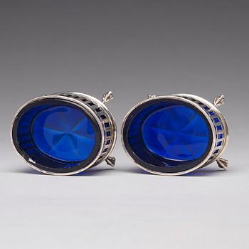 A pair of Swedish 18th century silver and blue glass salt cellars, mark of Pehr Zethelius, Stockholm 1791.