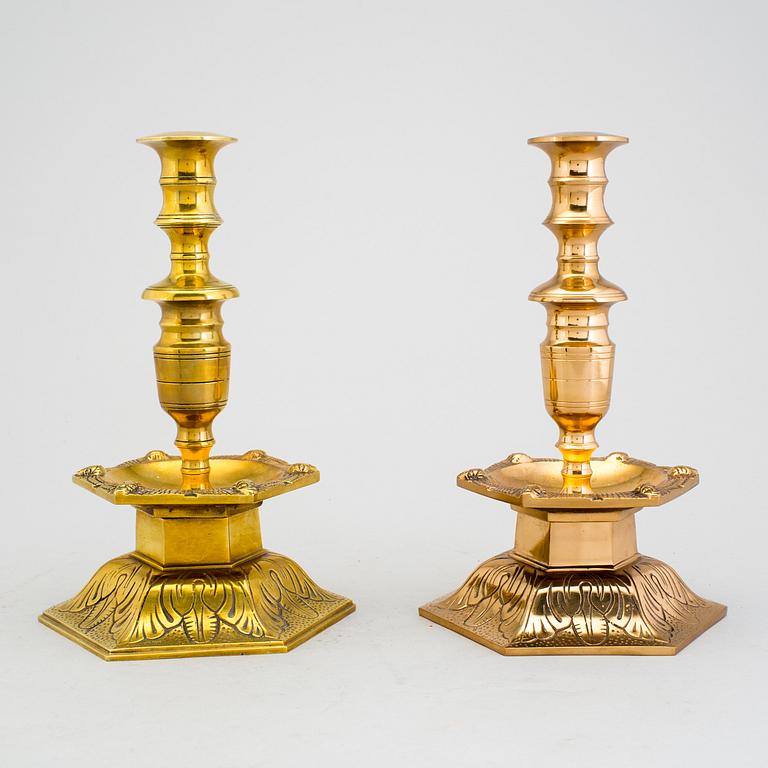 Two candlesticks, baroque, brass and iron, Ystad metal 1950th.