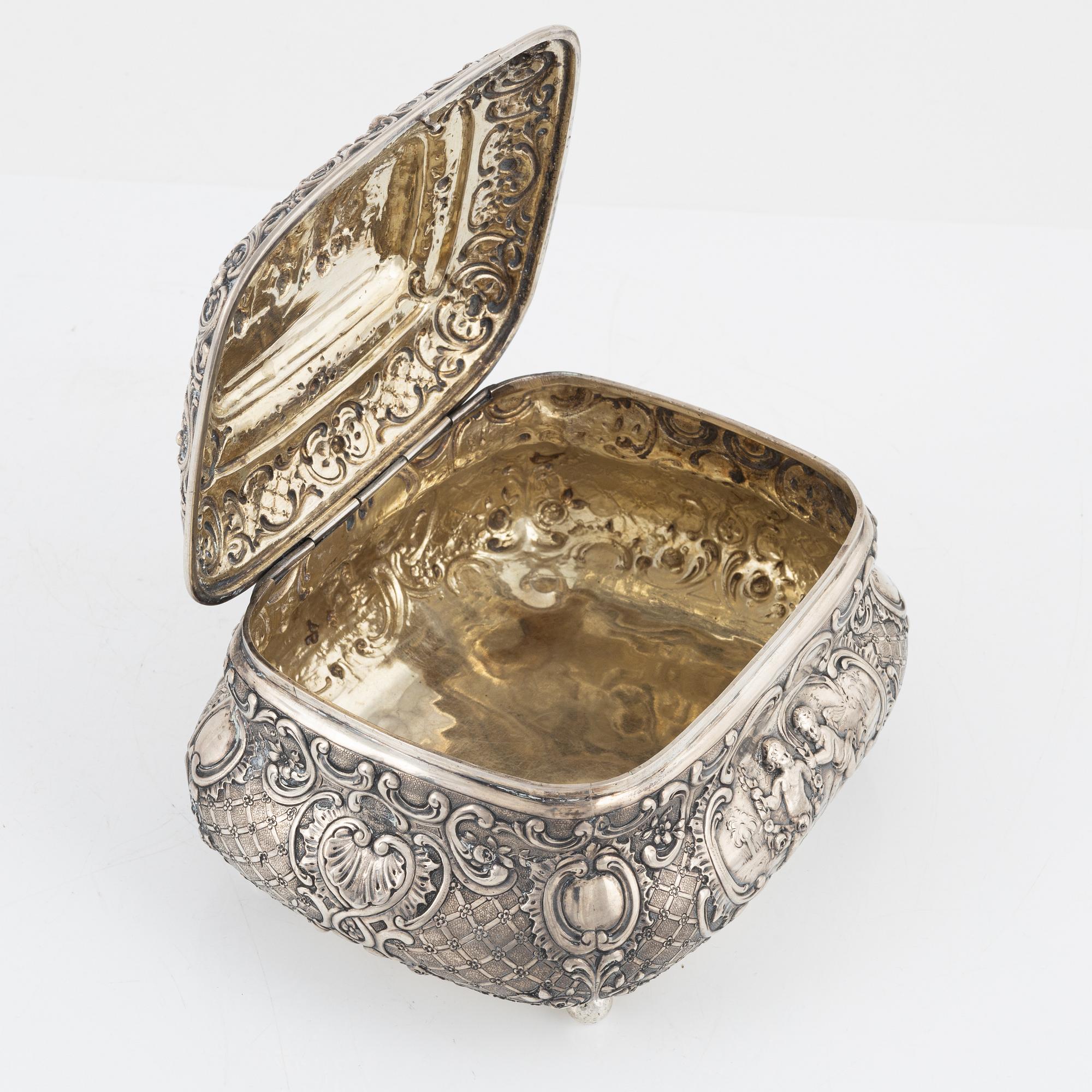 A German Silver 800 Rococo-Style Sugar Box, circa 1900.