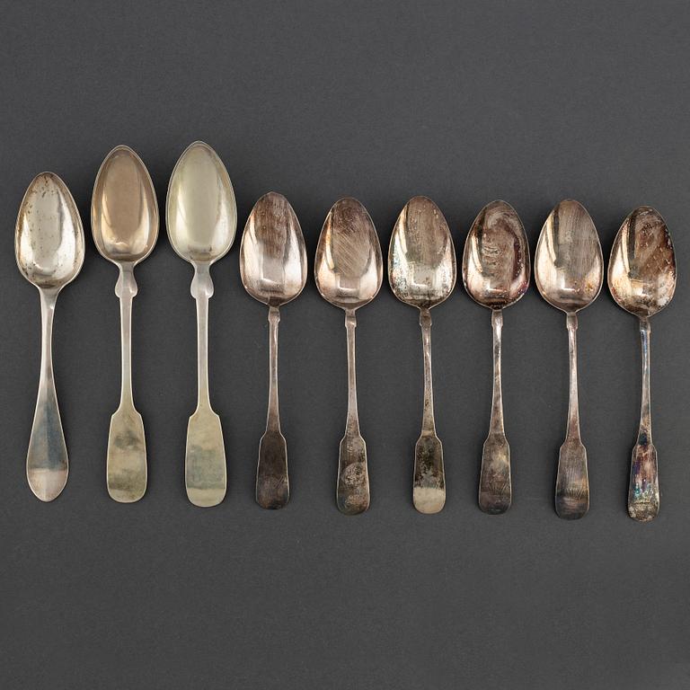 Four serving spoons and totally nine tablespoons, silver,  18th and 20th Century.