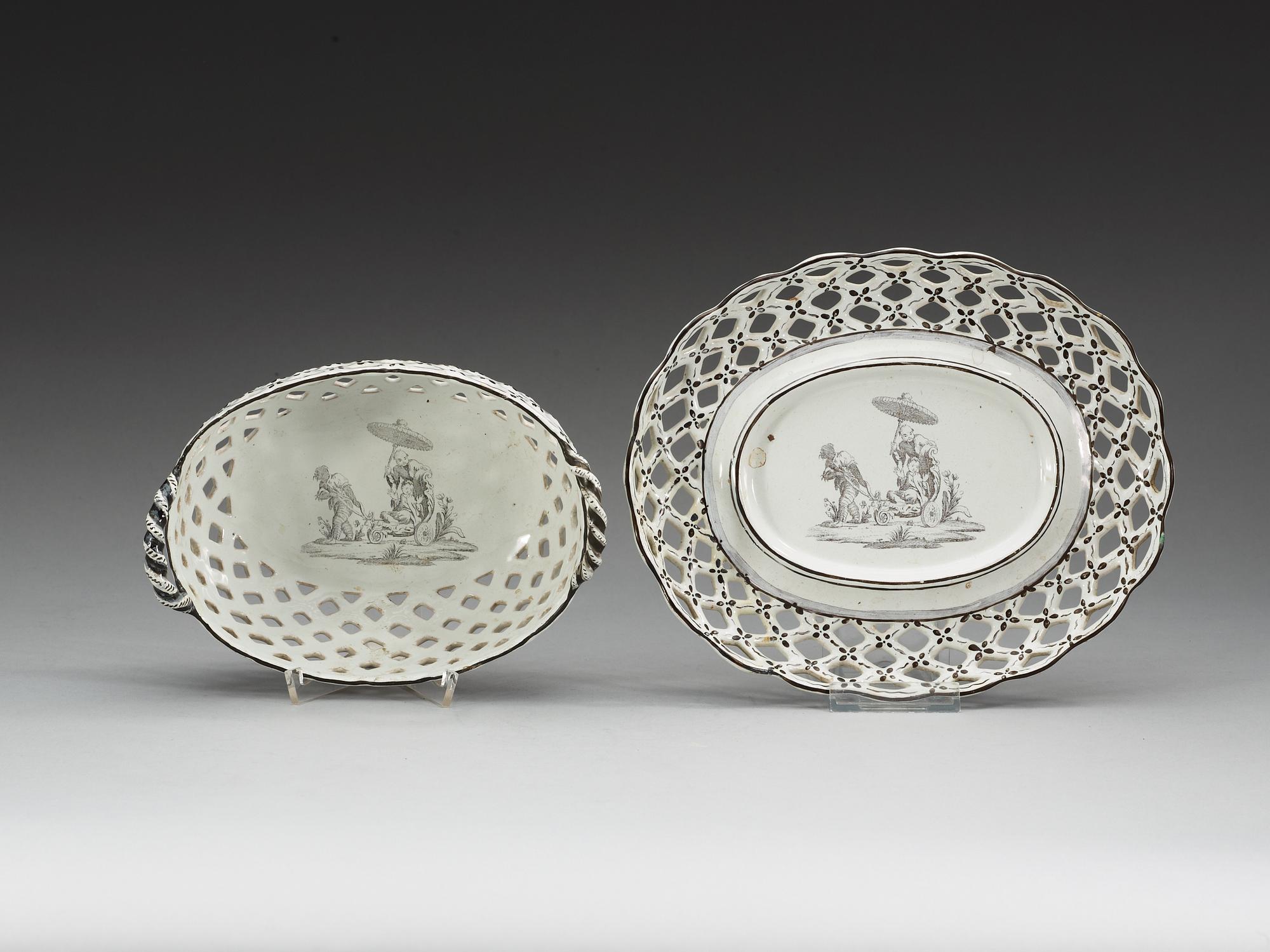 GALLERKORG med FAT, fajans. 1700-tal. Marieberg, daterad 5/6 resp. 6/6 (17)71.