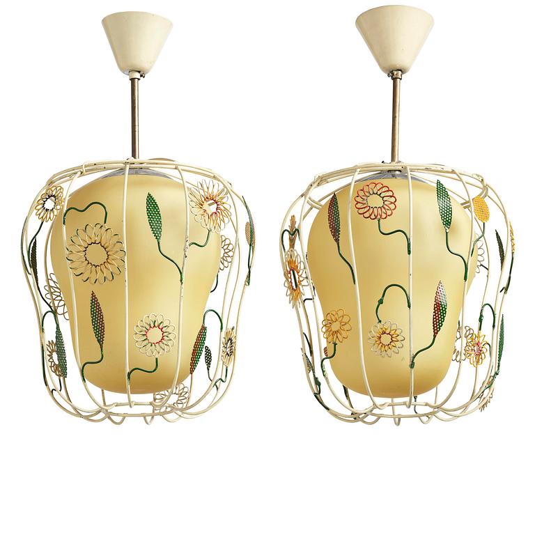 Ulla & Gunnar Eklöf, attributed to, a pair of Swedish Modern ceiling lamps, Corona Belysningskultur, Stockholm, 1940s.