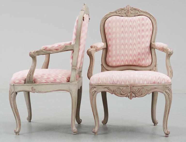 A pair of Swedish Rococo 18th Century armchairs.