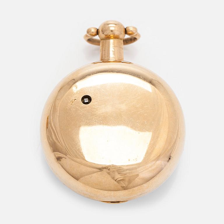Taskukello, 52 mm, 18K kultaa, John Moncas, Liverpool, 1800-luvun ensimmäinen puolisko.