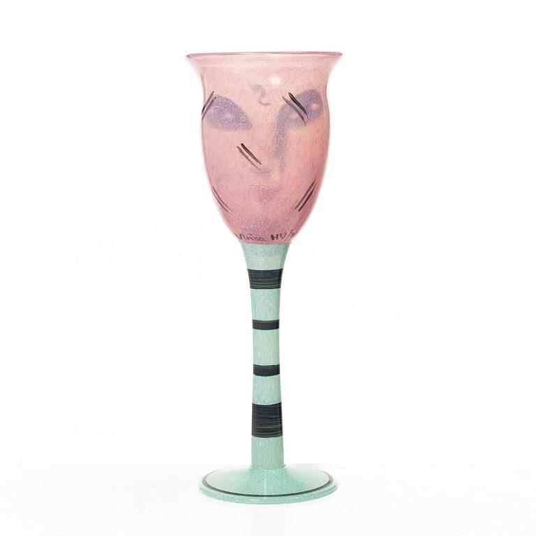 Ulrica Hydman-Vallien, eight 'Open Minds' wine glasses, Kosta Boda Artist Collection.