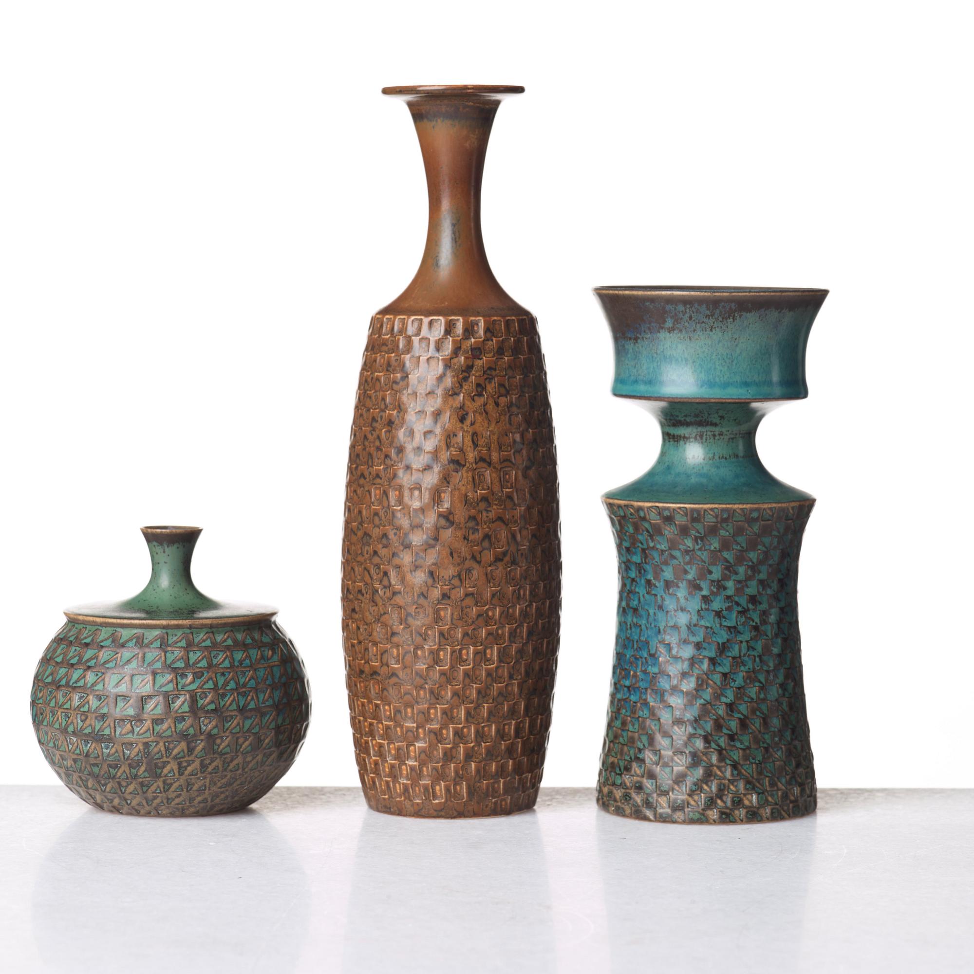 Stig Lindberg, a set of three stoneware vases, Gustavsberg studio, Sweden 1962.