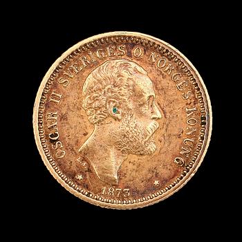 GULDMYNT, 10 kronor, Oscar II, 1873. Vikt ca 5 g.