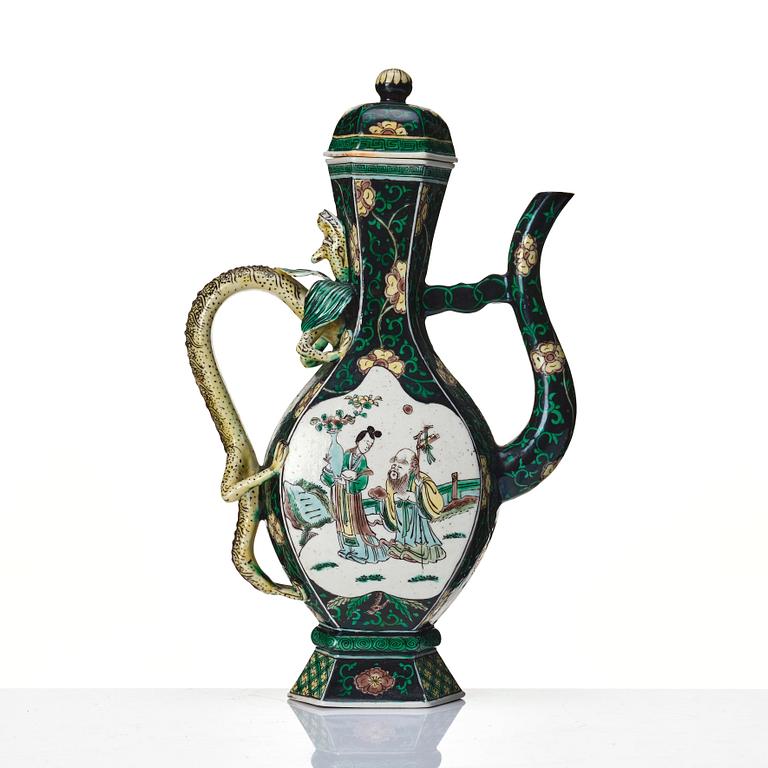 A famille noire ewer with cover, Qing dynasty, 19th Century with Kangxi six character mark.