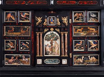 A Baroque second half 17th century pietre dure cabinet, probably Flemish. On later stand.