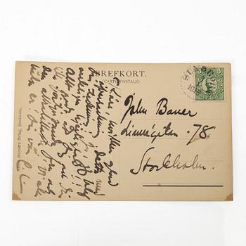 Carl Larsson, Autographed postcard from Carl Larsson to John Bauer, dated Sundborn 1916.