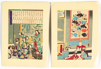 KUNITERU II (1829-74), three colored woodblock prints, triptych, and Two UNIDENTIFIED ARTIST, Japan, 19th century.