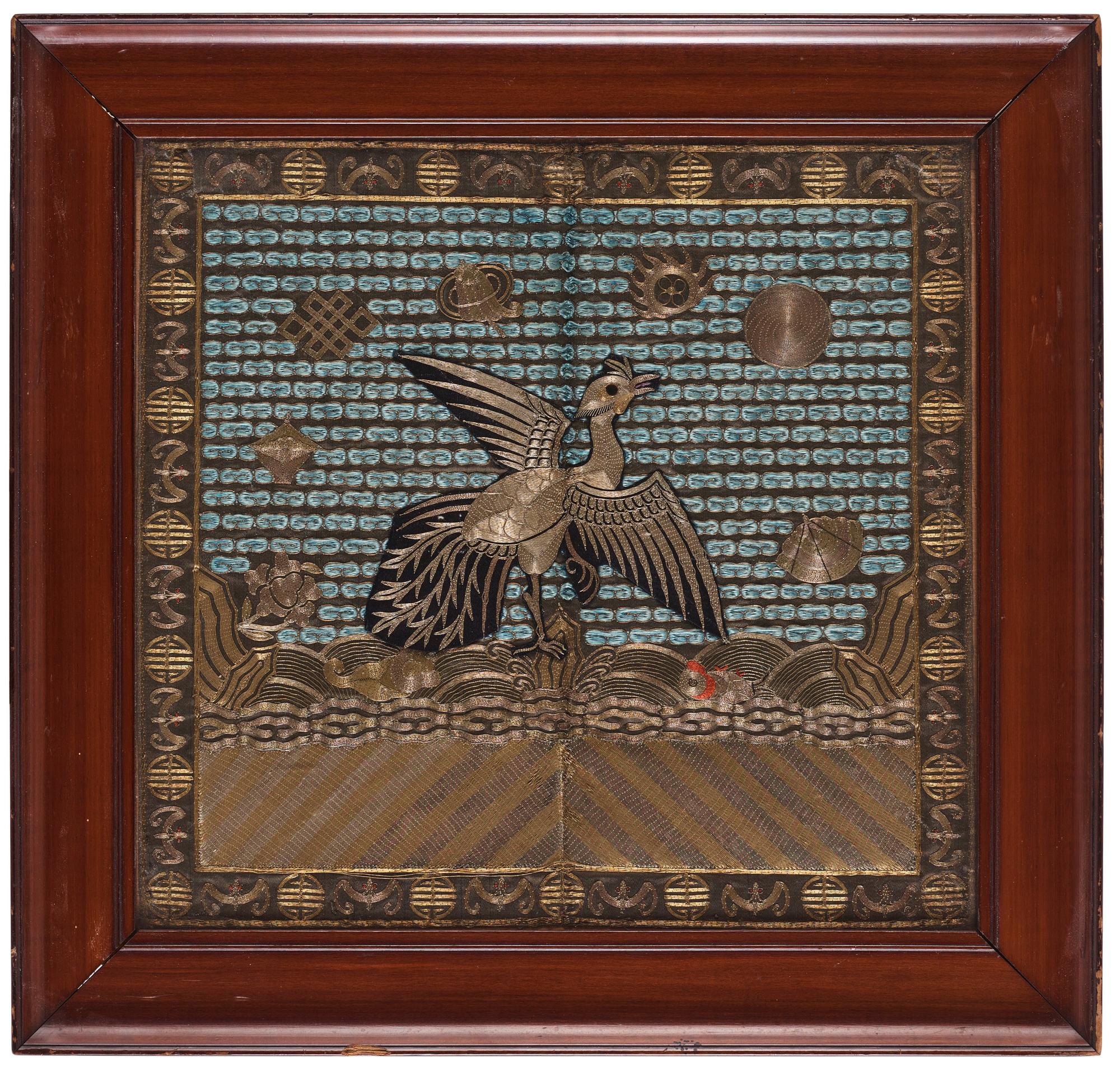 Two Chinese embroidered silk rank badges, Qing dynasty, 19th century.