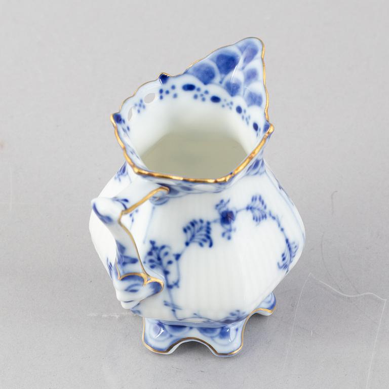 A 'Blue Fluted Full Lace' porcelain coffee pot, creamer and sugar bowl, Royal Copenhagen, 1030, 1031, 1112, 1950/60s,.