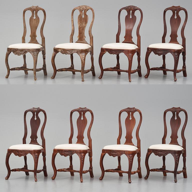 A set of eight matched (2+6) Swedish Rococo chairs, Stockholm, second part of the 18th century.