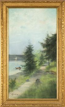 Carl Brandt, View over a lake with a sailing boat and a rowboat.
