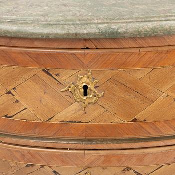 A Swedish rosewood parquetry and gilt brass-mounted rococo commode, Stockholm, later part 18th century.