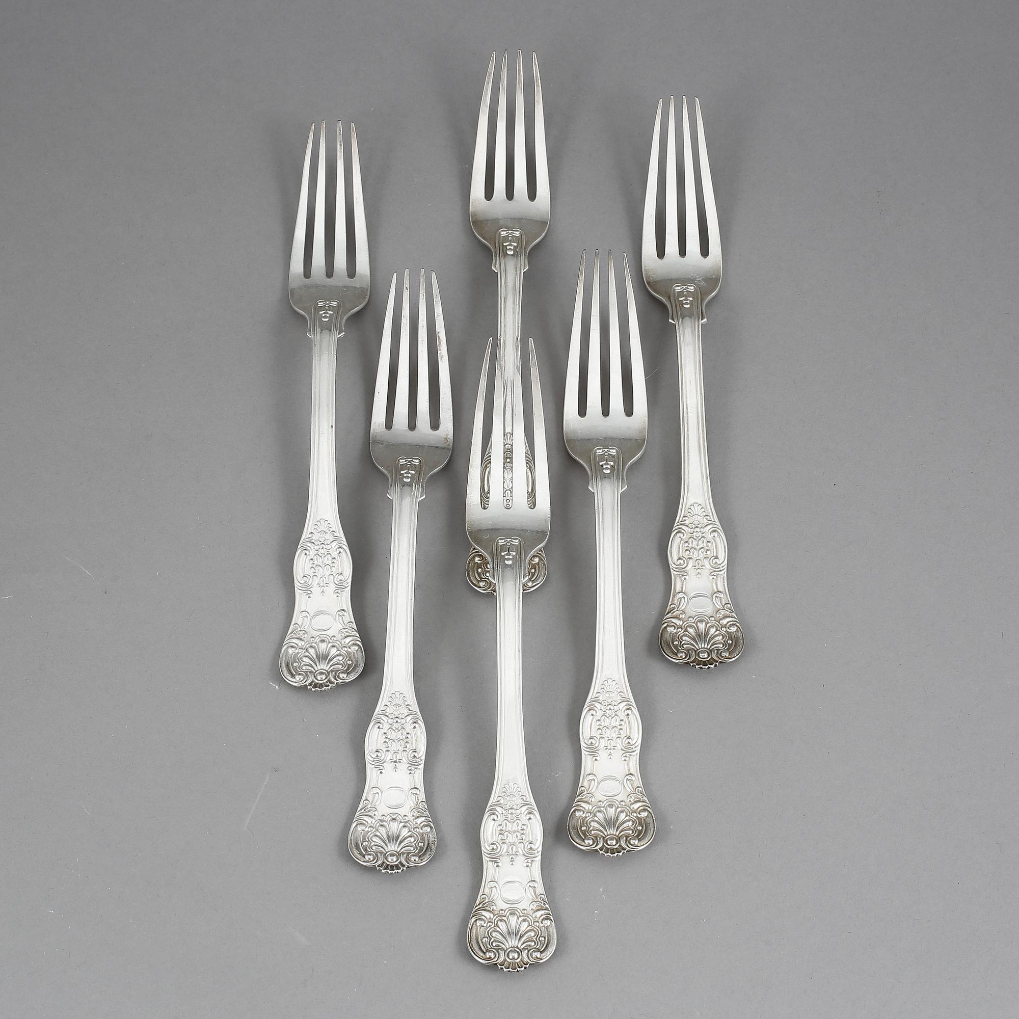 MATGAFFLAR, 6 st, silver, Christian Hammer, Stockholm. 1854. Vikt 450 g.