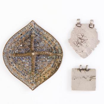 TWO SILVER PLAQUE AMULETS, silver and brass and  BRASS STAMP, North India, before 1960's.