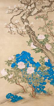 191. A large hanging scroll of flowering magnolias and peonies, by an unidentified artist, late Qing dynasty (1644-1912).