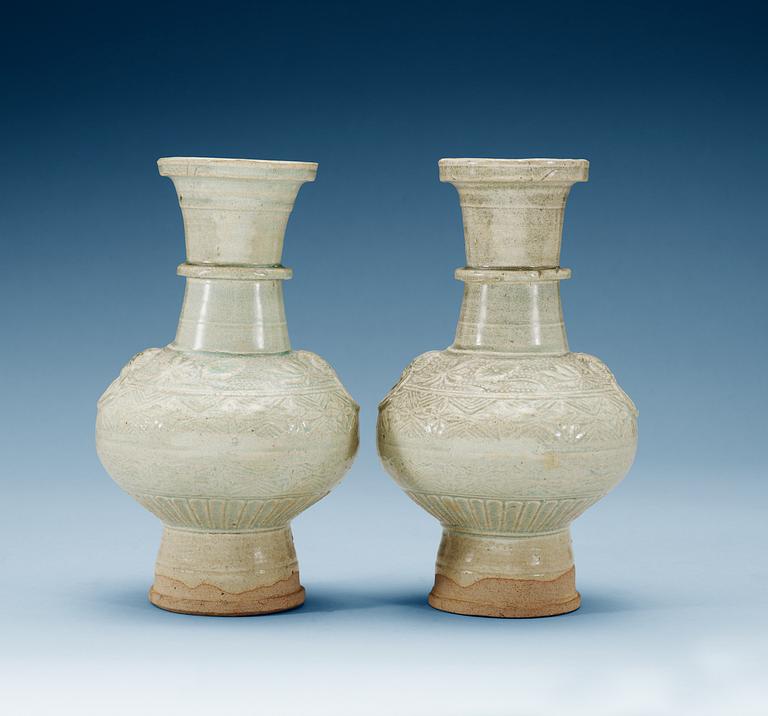 A pair of pale celadon glazed vases, Song/Yuan dynasty.