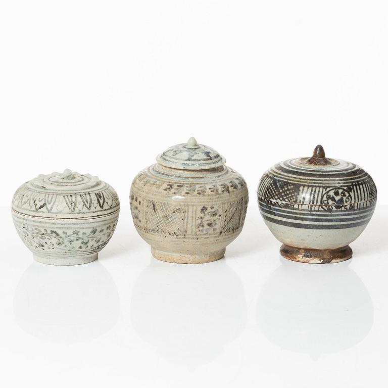Six ceramic jars with covers, South East Asian, 17th and 19th century.