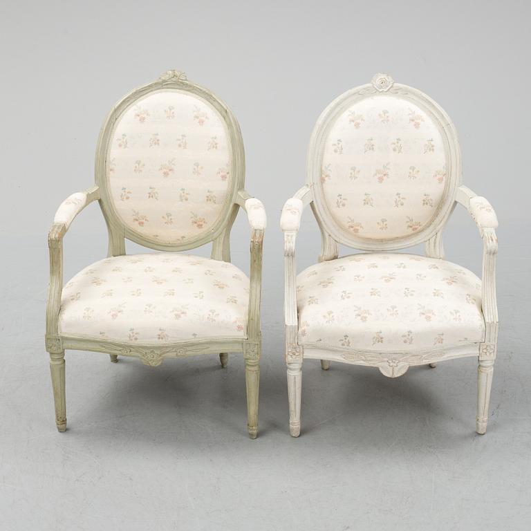 Two armchairs, gustavian and gustavian style, late 18th and early 20th century.