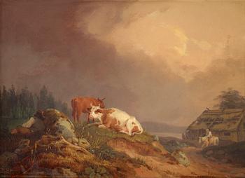 258. Per Wickenberg, Landskap med vilande kossor.