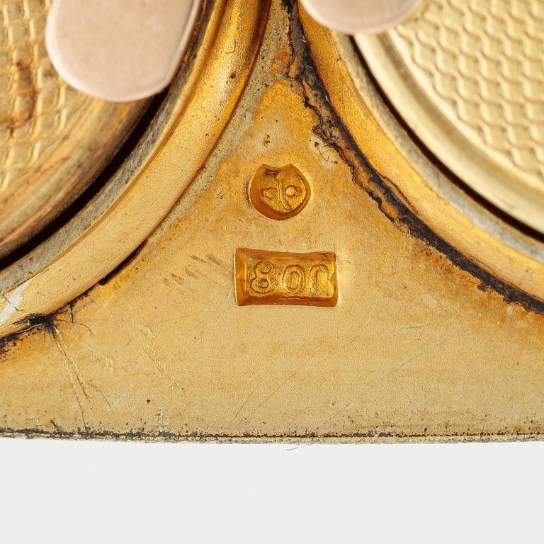 Pendant in gilded silver with two gold coins, 20 kr Oscar II 1875 and 5 rubles Nicholas II 1900.