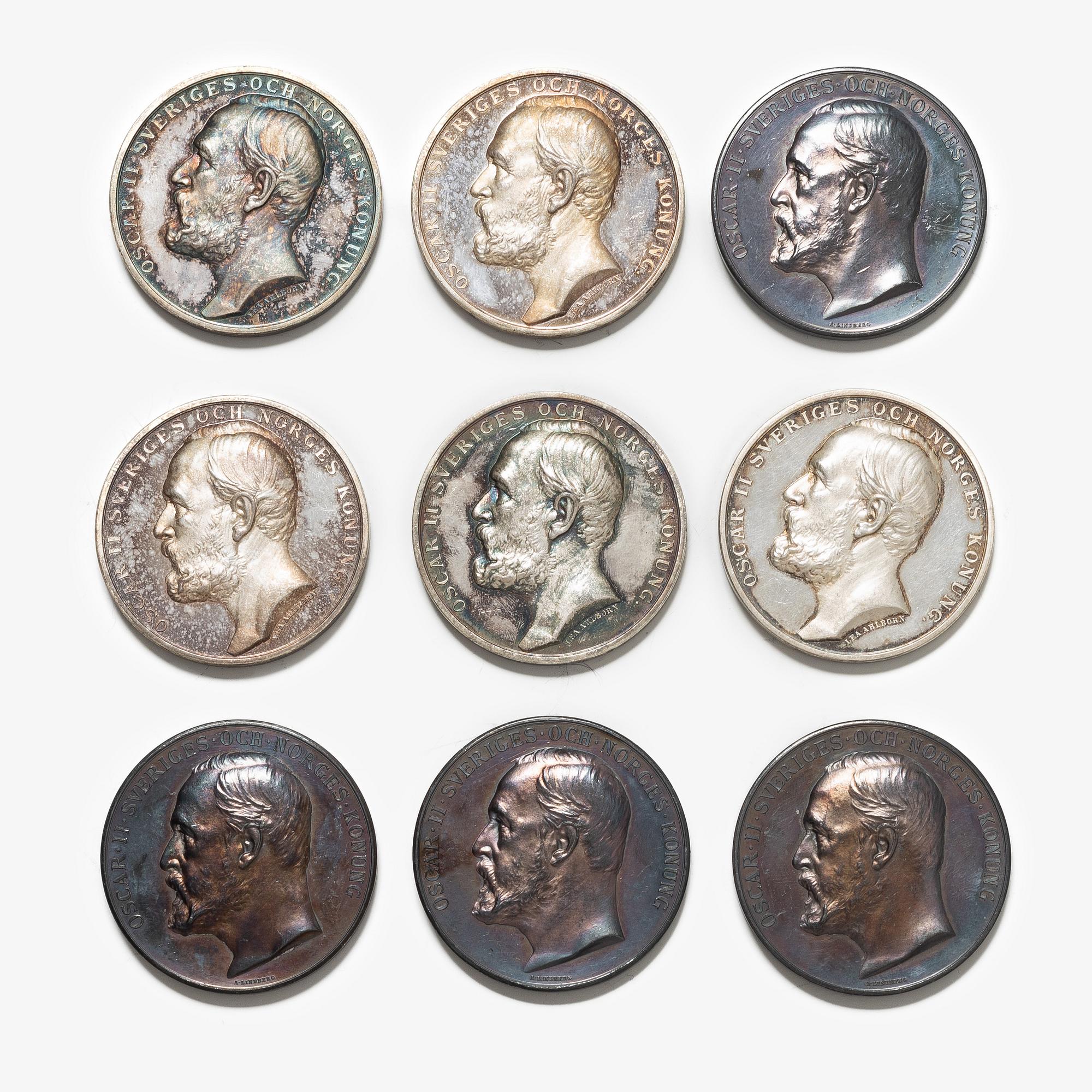 Medaljer, 9 st, silver, Kungliga Myntverket, bl a ca 1890.