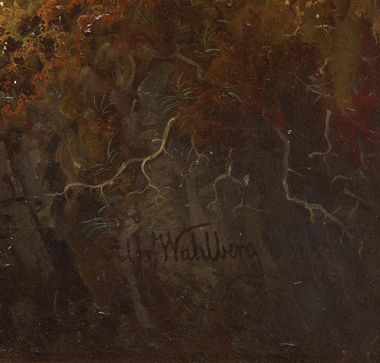 Alfred Wahlberg, "Landskap; fors omgifven af skog med blånande berg i fonden".
