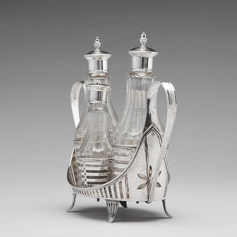A Swedish 18th century silver and glass, cruet-set, mark of Stepan Westerståhle, Stockholm 1798.