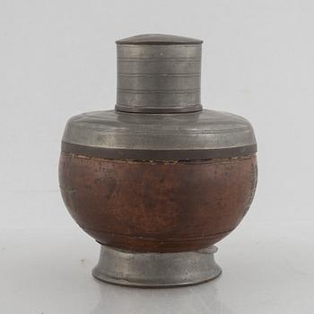 A Chinese pewter and wood tea caddie, early 20th century.