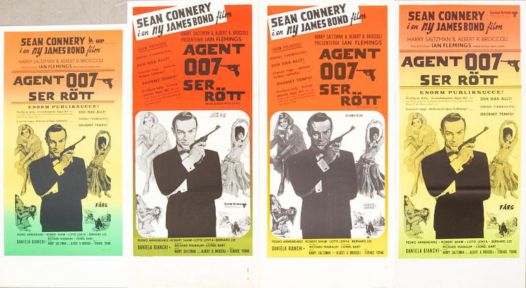 Filmaffischer 4 st James Bond "Agent 007 ser rött (From Russia with love)" 1965, 1970 och 1974.