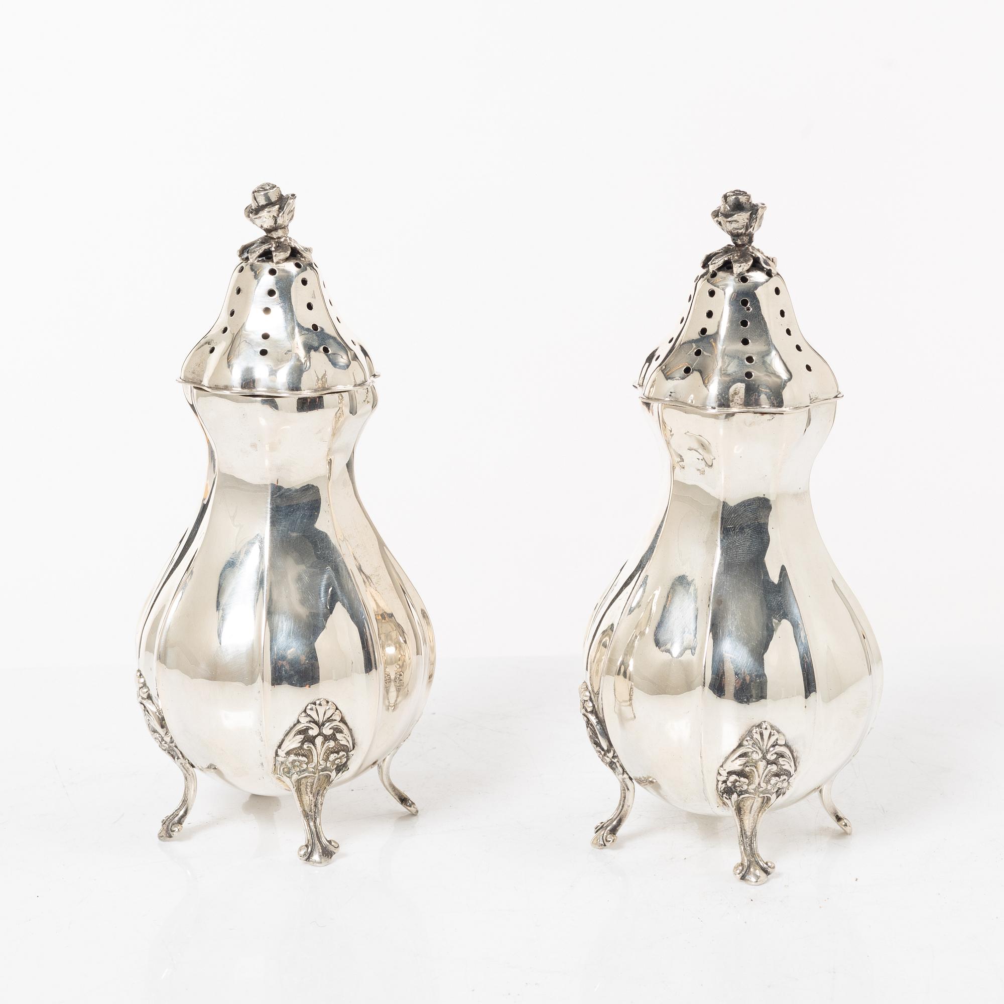 Sugar casters, a pair, silver, Rococo style, 20th century.