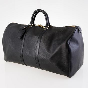 LOUIS VUITTON BLACK EPI LEATHER KEEPALL 55 TRAVEL BAG.