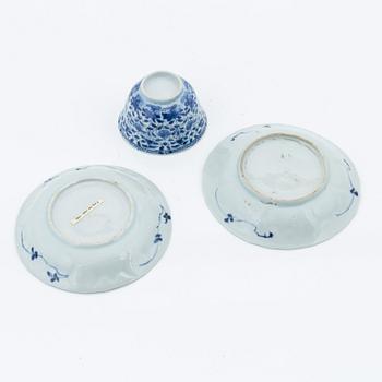 Two blue and white bowls, and a cup with two stands, Qing dynasty, 18th Century.