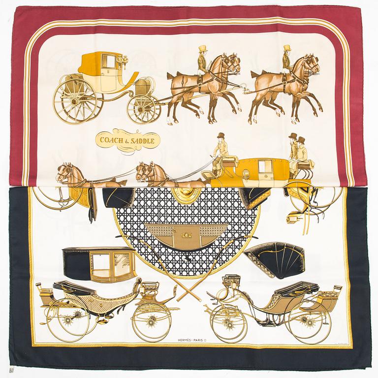 Hermès, scarfar, 2 st, "Coach & Saddle" och "Les Voitures a Transformation".